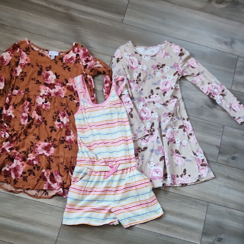 3 Pc Floral Dresses and Striped Romper 10/12